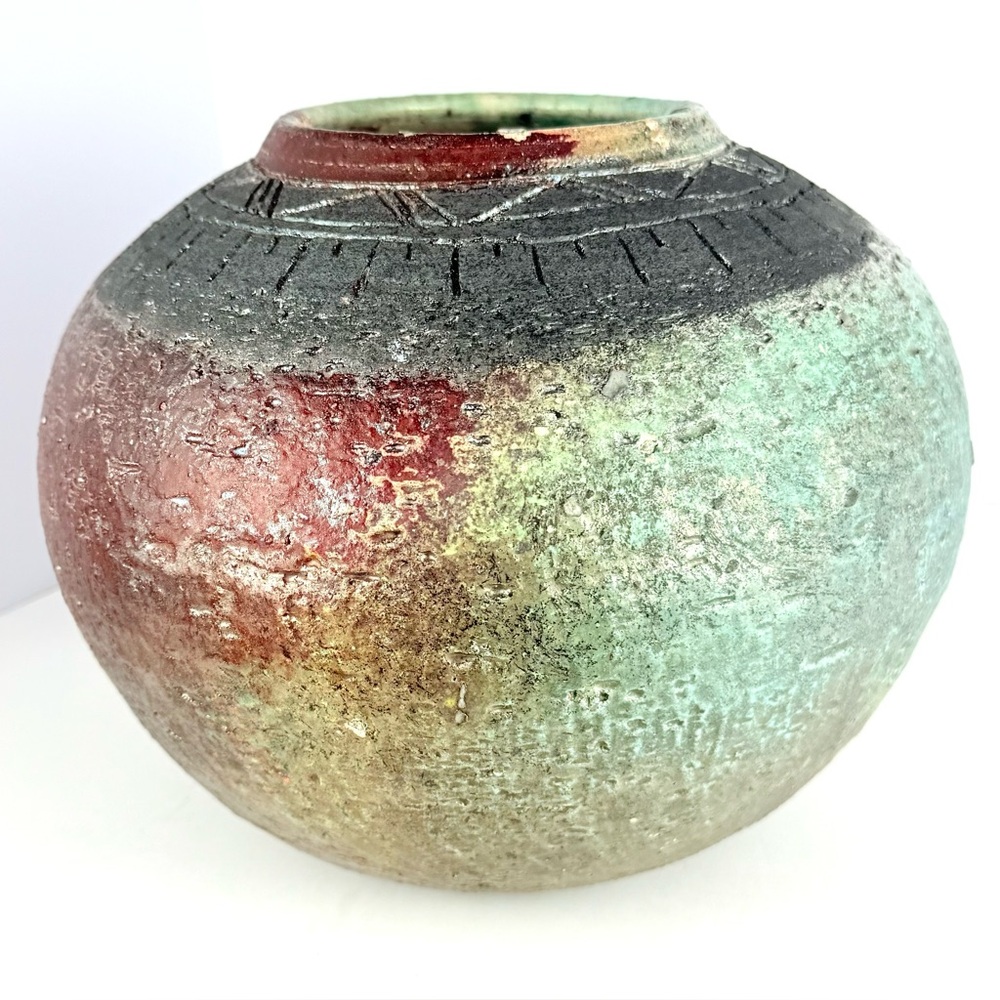 Vintage Large RAKU Art Pottery Vase/Pot signed By Artist. One Of A kind